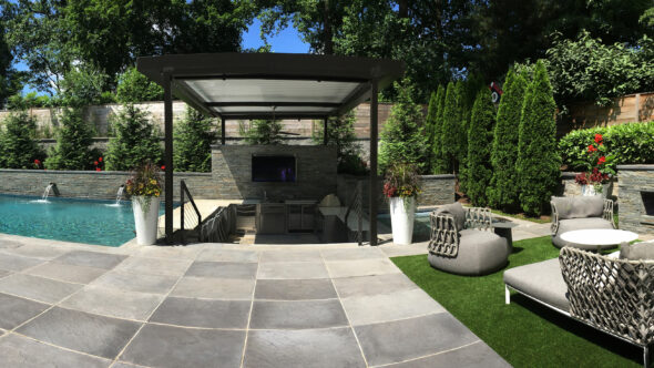 Rear yard. Fence, keystone wall. Hand-chiseled.